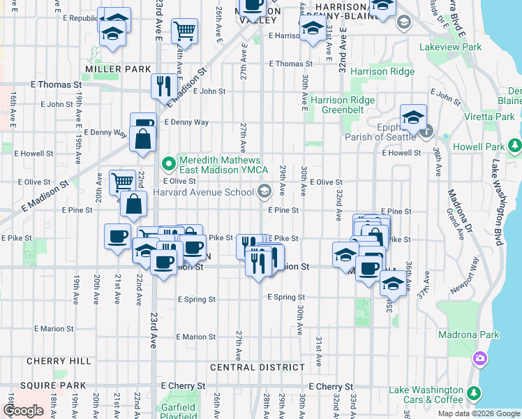 map of restaurants, bars, coffee shops, grocery stores, and more near in Seattle
