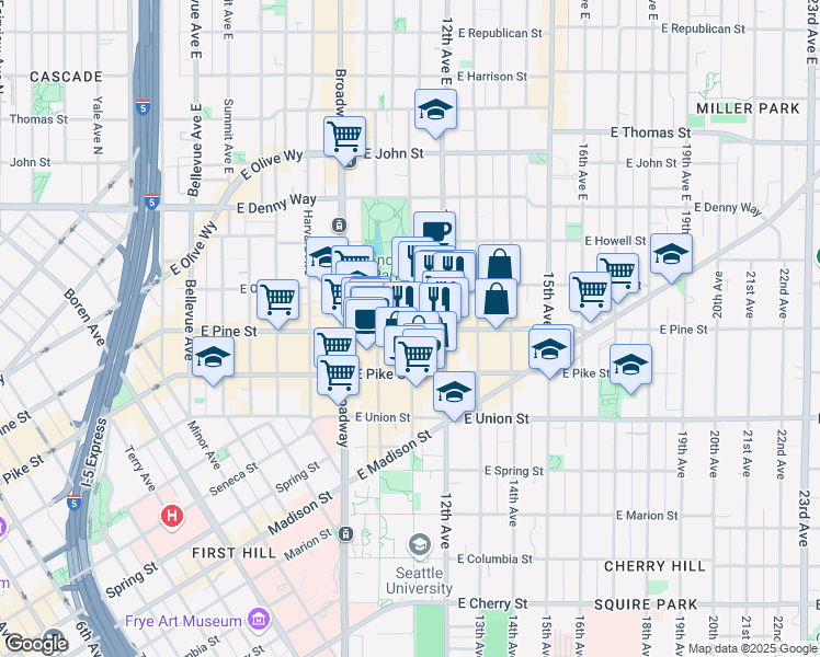 map of restaurants, bars, coffee shops, grocery stores, and more near 1621 12th Avenue in Seattle