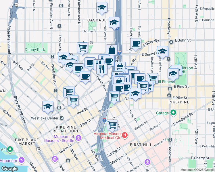 map of restaurants, bars, coffee shops, grocery stores, and more near 1100 Olive Way in Seattle