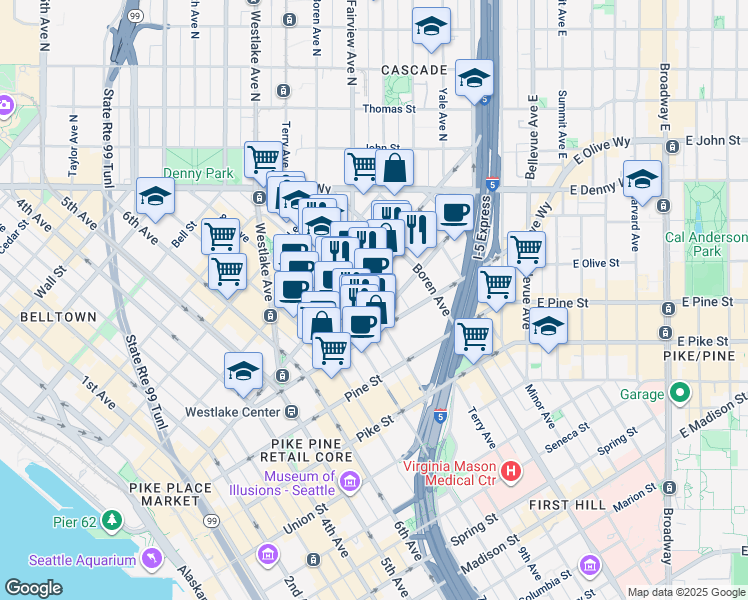 map of restaurants, bars, coffee shops, grocery stores, and more near in Seattle