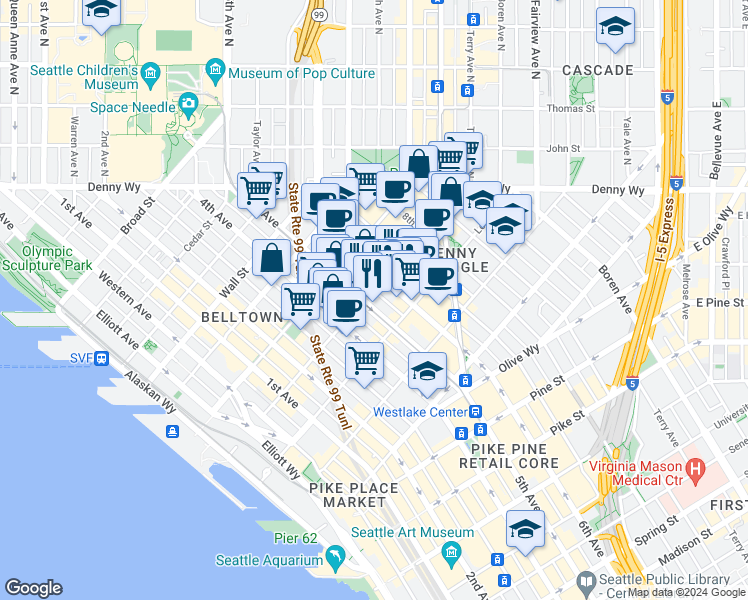 map of restaurants, bars, coffee shops, grocery stores, and more near 2200 5th Avenue in Seattle