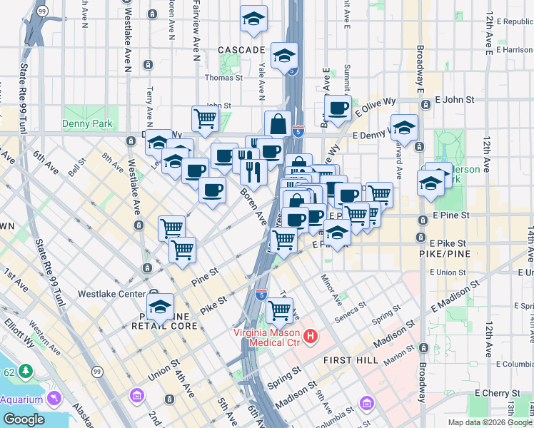 map of restaurants, bars, coffee shops, grocery stores, and more near 1624 Boren Avenue in Seattle