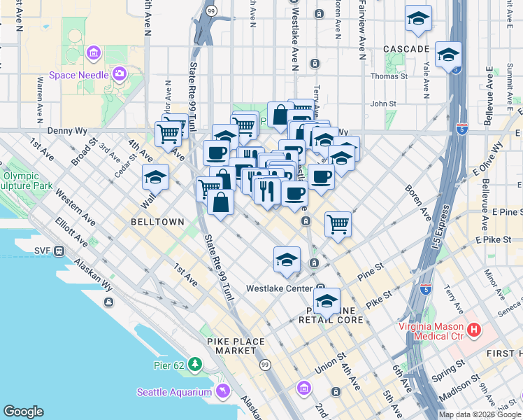 map of restaurants, bars, coffee shops, grocery stores, and more near 2121 7th Avenue in Seattle