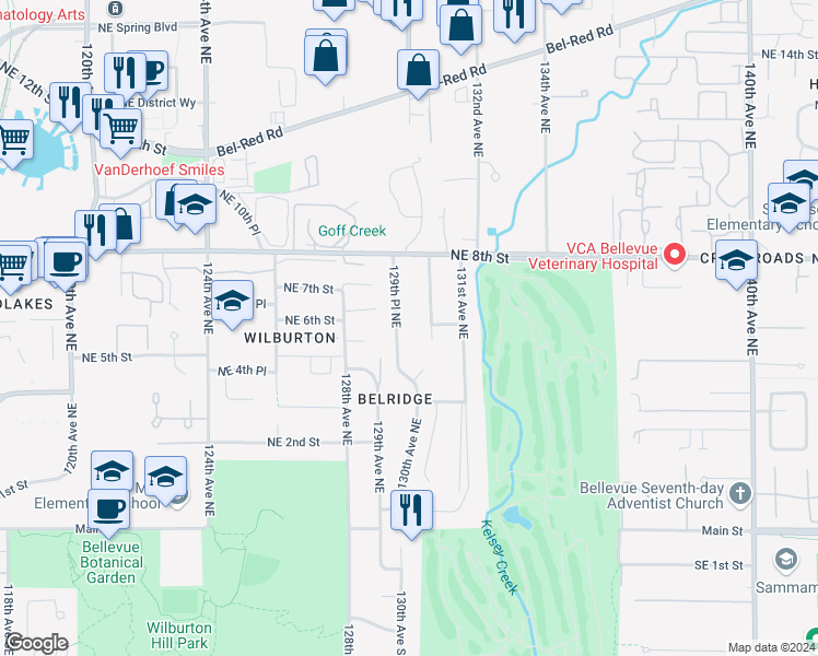 map of restaurants, bars, coffee shops, grocery stores, and more near 614 129th Place Northeast in Bellevue