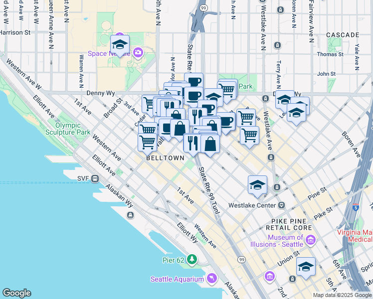 map of restaurants, bars, coffee shops, grocery stores, and more near 2312 3rd Avenue in Seattle