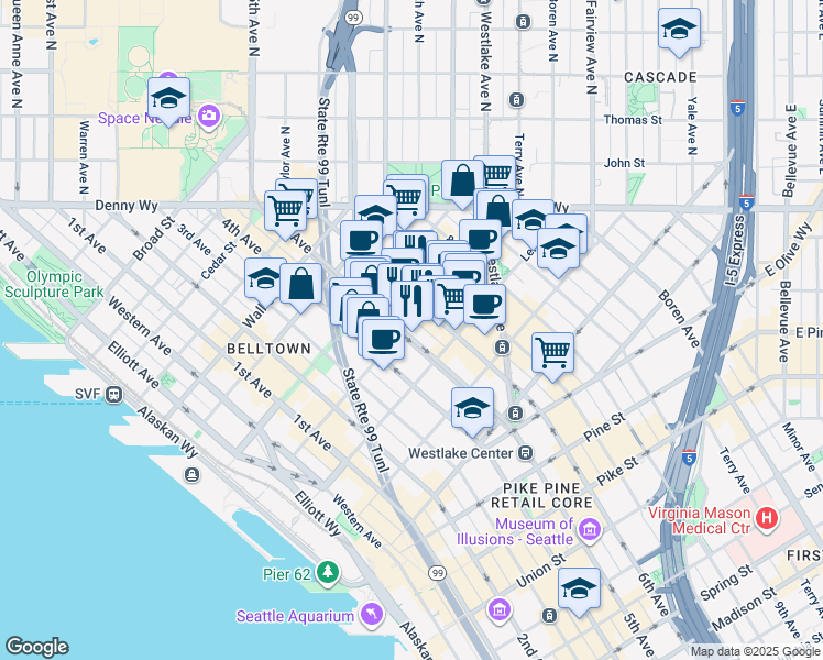 map of restaurants, bars, coffee shops, grocery stores, and more near 2132 5th Avenue in Seattle