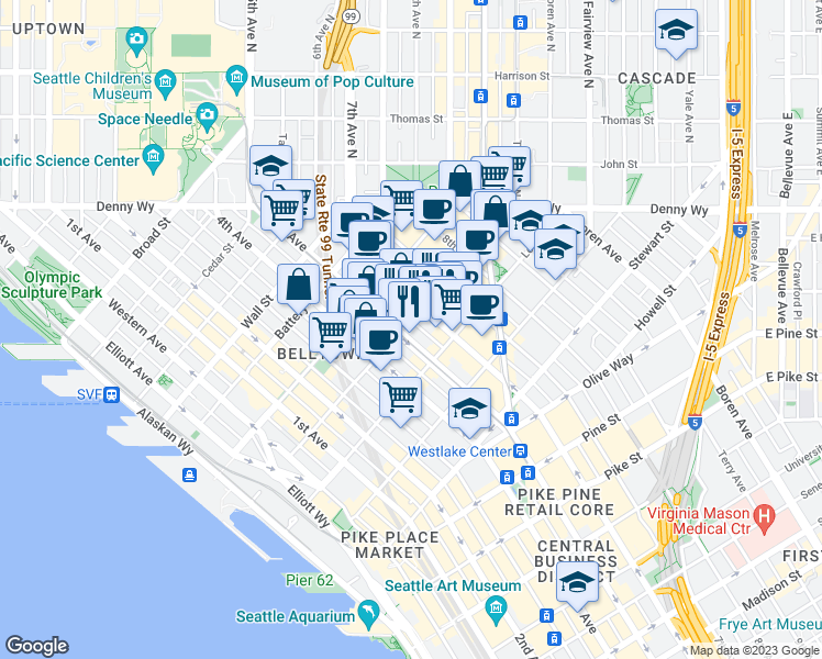 map of restaurants, bars, coffee shops, grocery stores, and more near 2200 5th Avenue in Seattle