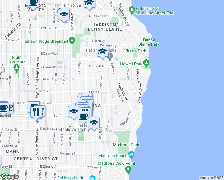 map of restaurants, bars, coffee shops, grocery stores, and more near 1625 37th Avenue in Seattle