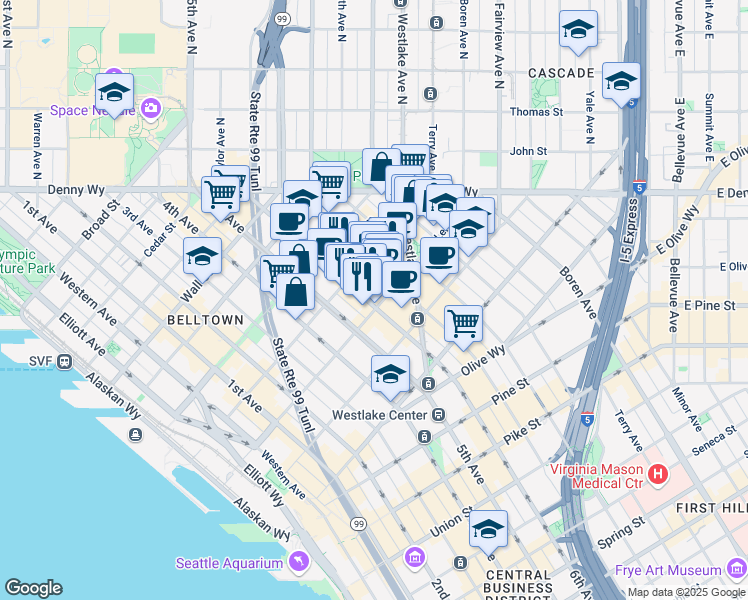 map of restaurants, bars, coffee shops, grocery stores, and more near 2121 7th Avenue in Seattle