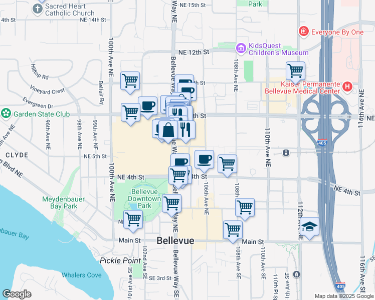map of restaurants, bars, coffee shops, grocery stores, and more near in Bellevue