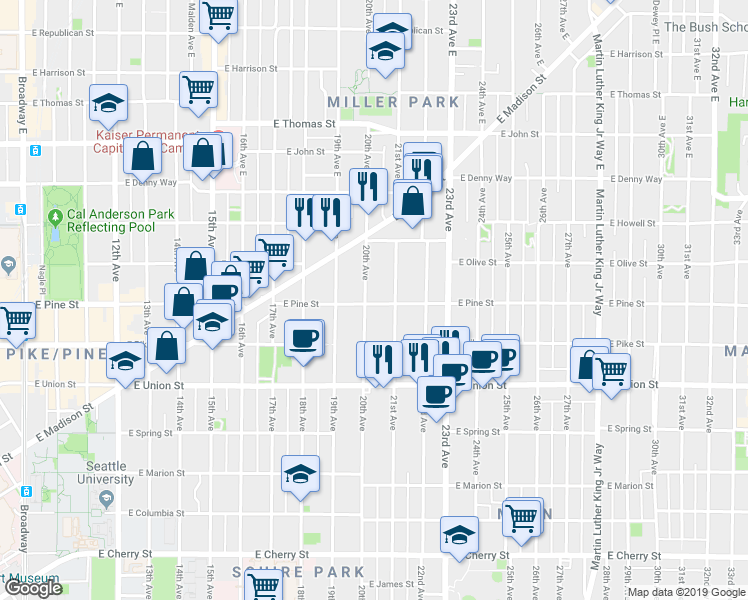 map of restaurants, bars, coffee shops, grocery stores, and more near 1617 21st Avenue East in Seattle