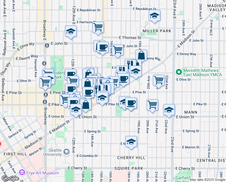 map of restaurants, bars, coffee shops, grocery stores, and more near 106 16th Avenue in Seattle