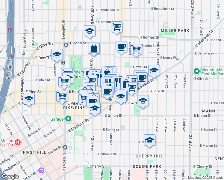 map of restaurants, bars, coffee shops, grocery stores, and more near 1623A 14th Avenue in Seattle