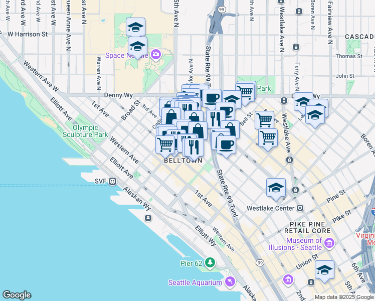 map of restaurants, bars, coffee shops, grocery stores, and more near 345 Wall Street in Seattle