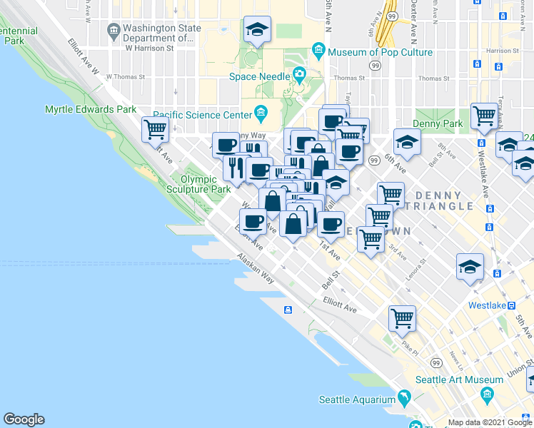 map of restaurants, bars, coffee shops, grocery stores, and more near in Seattle