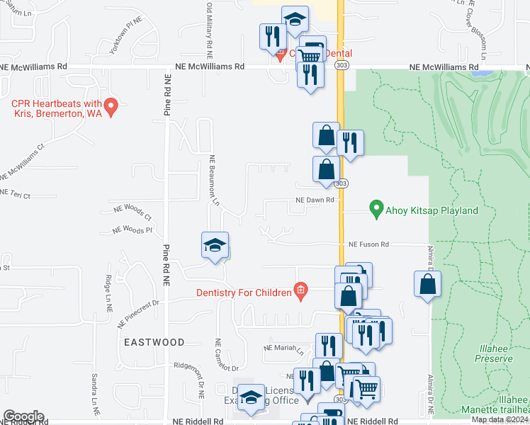 map of restaurants, bars, coffee shops, grocery stores, and more near Caymans Place Northeast in Bremerton