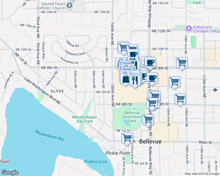 map of restaurants, bars, coffee shops, grocery stores, and more near 538 99th Avenue Northeast in Bellevue