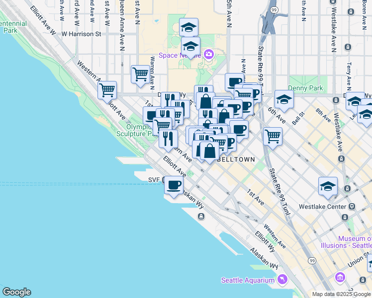 map of restaurants, bars, coffee shops, grocery stores, and more near 111 Cedar Street in Seattle