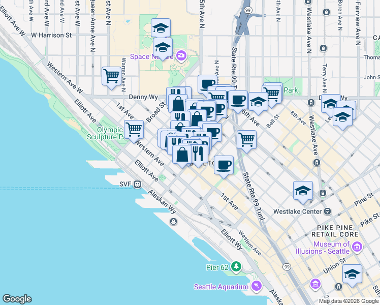 map of restaurants, bars, coffee shops, grocery stores, and more near 121 Vine Street in Seattle