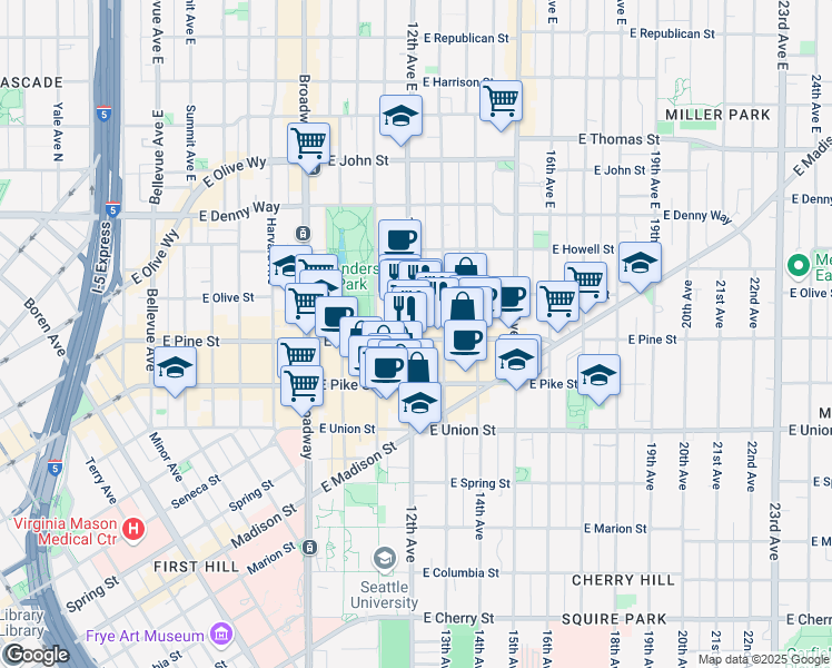 map of restaurants, bars, coffee shops, grocery stores, and more near 1625 13th Avenue in Seattle