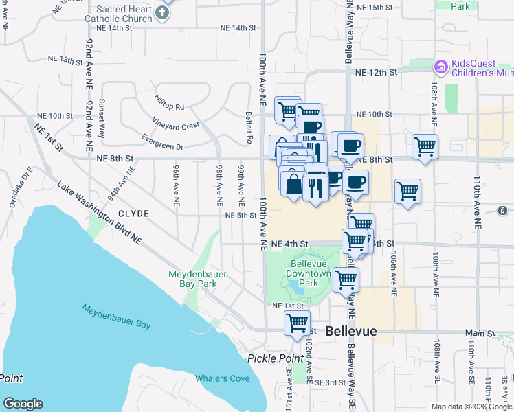 map of restaurants, bars, coffee shops, grocery stores, and more near 538 99th Avenue Northeast in Bellevue