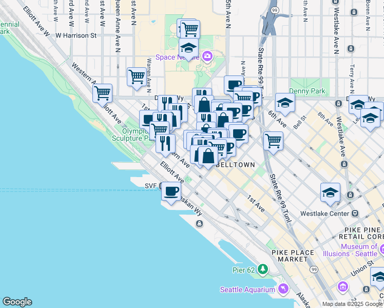 map of restaurants, bars, coffee shops, grocery stores, and more near in Seattle