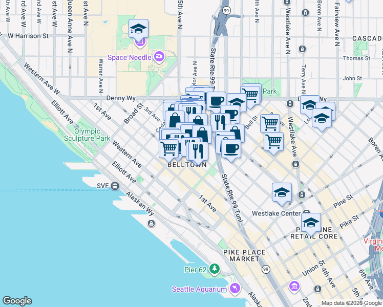 map of restaurants, bars, coffee shops, grocery stores, and more near 2401 3rd Avenue in Seattle