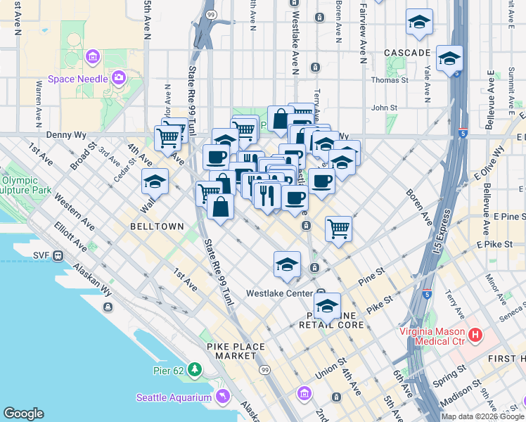 map of restaurants, bars, coffee shops, grocery stores, and more near 2121 6th Avenue in Seattle