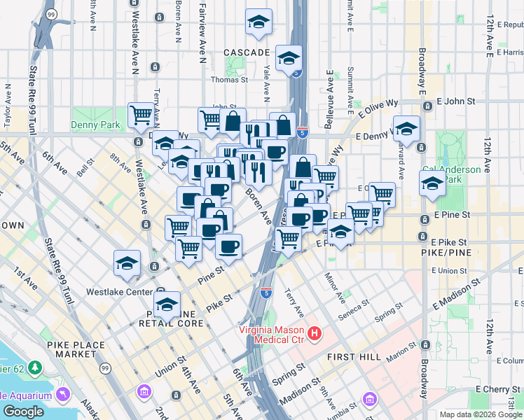 map of restaurants, bars, coffee shops, grocery stores, and more near Boren Avenue & Olive Way in Seattle