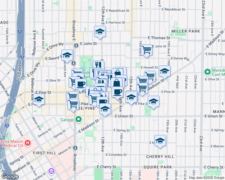 map of restaurants, bars, coffee shops, grocery stores, and more near 1300 East Pine Street in Seattle
