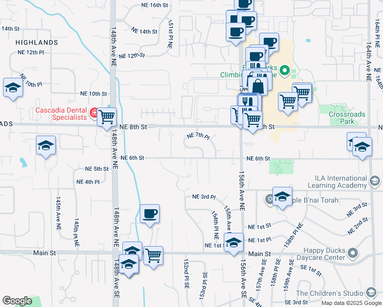 map of restaurants, bars, coffee shops, grocery stores, and more near 15219 Northeast 6th Place in Bellevue