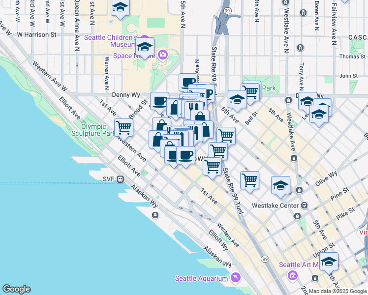 map of restaurants, bars, coffee shops, grocery stores, and more near in Seattle