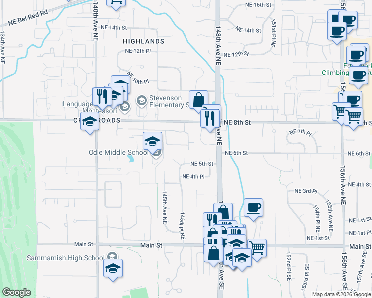 map of restaurants, bars, coffee shops, grocery stores, and more near 14518 Northeast 6th Place in Bellevue