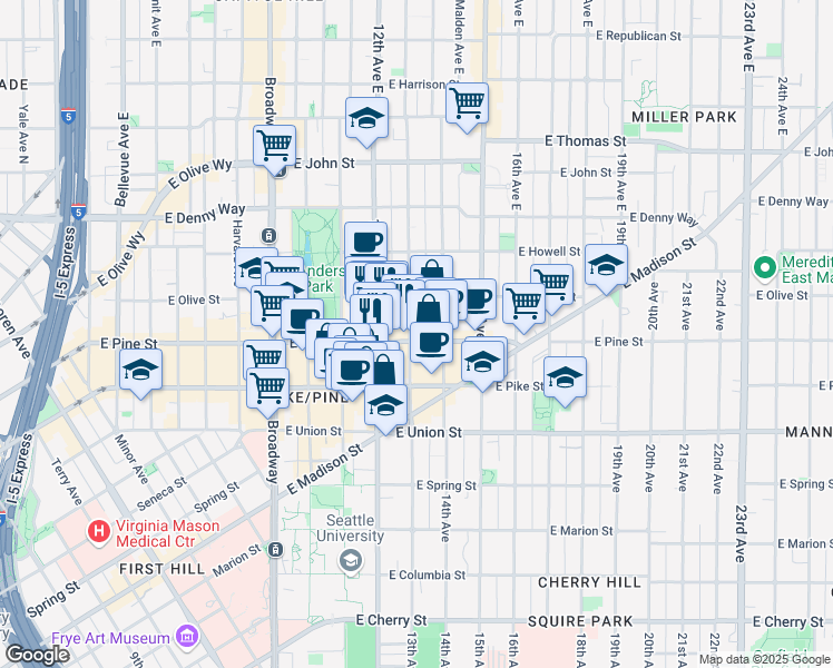 map of restaurants, bars, coffee shops, grocery stores, and more near 1300 East Pine Street in Seattle