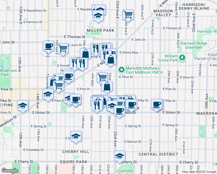 map of restaurants, bars, coffee shops, grocery stores, and more near 2122 East Pine Street in Seattle