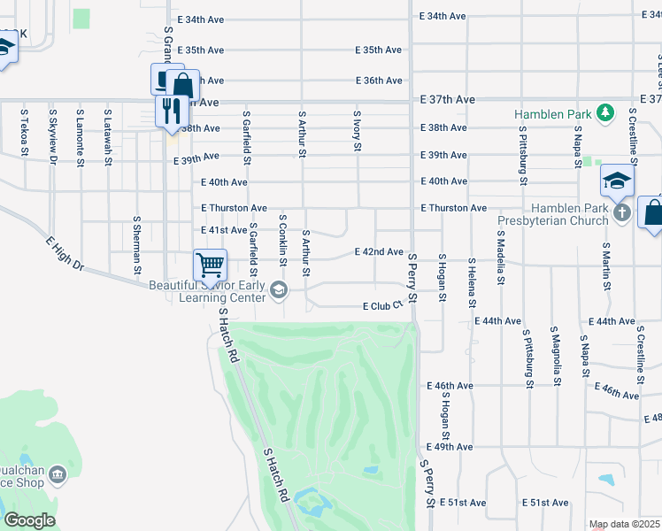 map of restaurants, bars, coffee shops, grocery stores, and more near 1104 East 42nd Avenue in Spokane