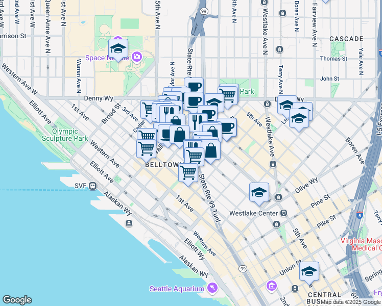 map of restaurants, bars, coffee shops, grocery stores, and more near in Seattle