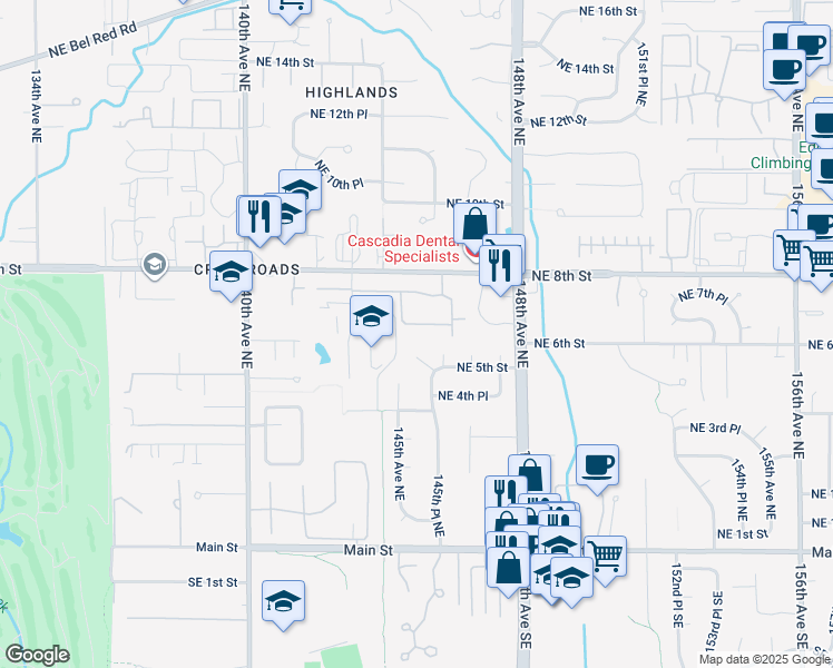 map of restaurants, bars, coffee shops, grocery stores, and more near 14509 Northeast 6th Place in Bellevue