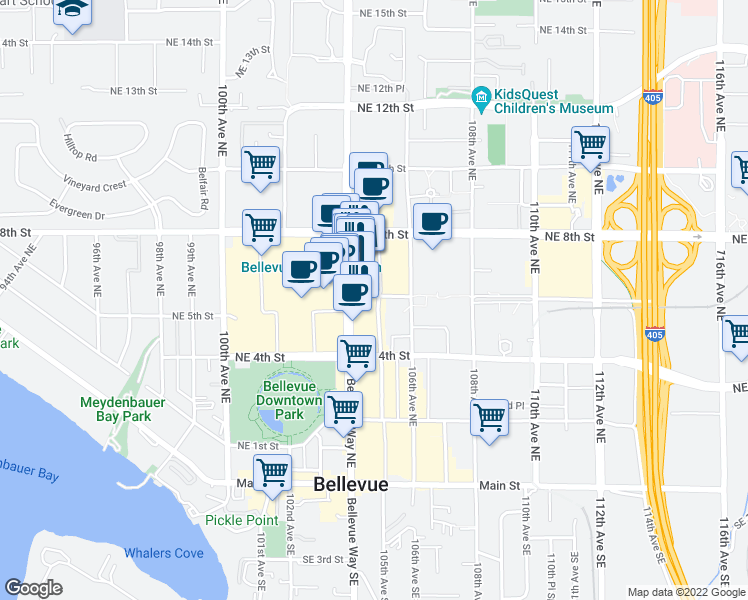 map of restaurants, bars, coffee shops, grocery stores, and more near 10485 Northeast 6th Street in Bellevue