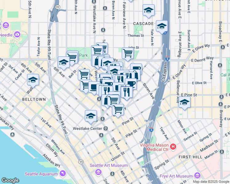 map of restaurants, bars, coffee shops, grocery stores, and more near 1918 8th Avenue in Seattle
