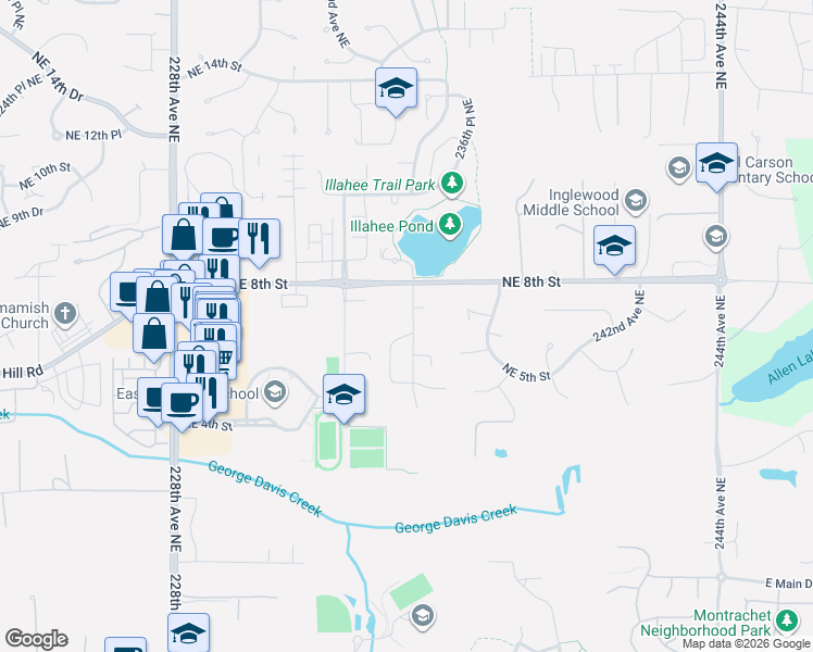 map of restaurants, bars, coffee shops, grocery stores, and more near 684 235th Avenue Northeast in Sammamish