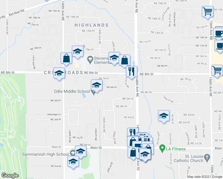 map of restaurants, bars, coffee shops, grocery stores, and more near 14518 Northeast 6th Place in Bellevue