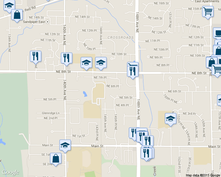 map of restaurants, bars, coffee shops, grocery stores, and more near 14518 Northeast 6th Place in Bellevue