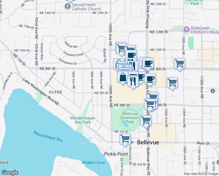 map of restaurants, bars, coffee shops, grocery stores, and more near in Bellevue