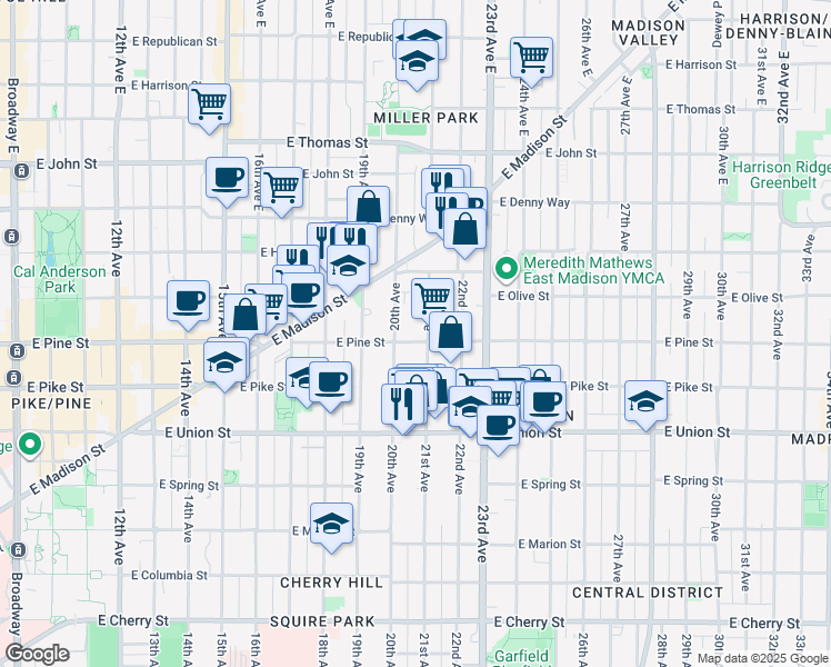 map of restaurants, bars, coffee shops, grocery stores, and more near 1617 21st Avenue East in Seattle