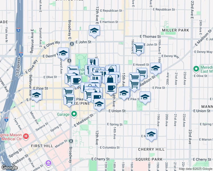 map of restaurants, bars, coffee shops, grocery stores, and more near 1625 13th Avenue in Seattle