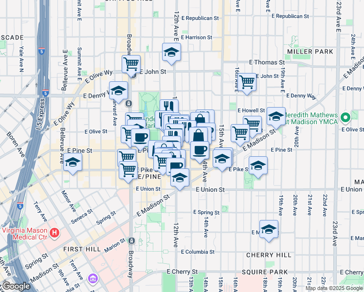 map of restaurants, bars, coffee shops, grocery stores, and more near 1625 13th Avenue in Seattle