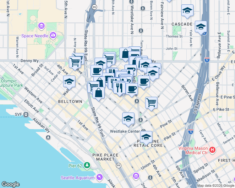 map of restaurants, bars, coffee shops, grocery stores, and more near 2121 7th Avenue in Seattle