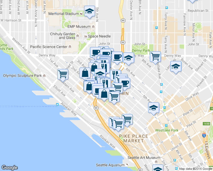 map of restaurants, bars, coffee shops, grocery stores, and more near 345 Wall Street in Seattle
