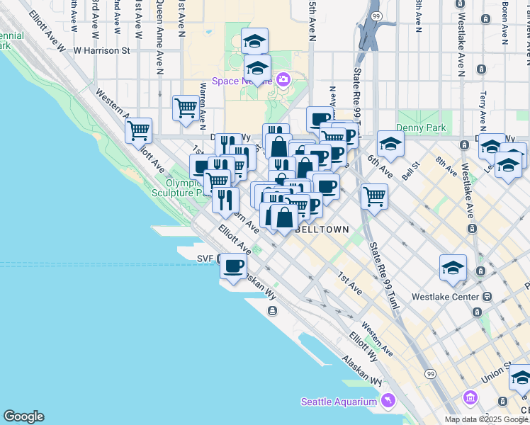 map of restaurants, bars, coffee shops, grocery stores, and more near in Seattle